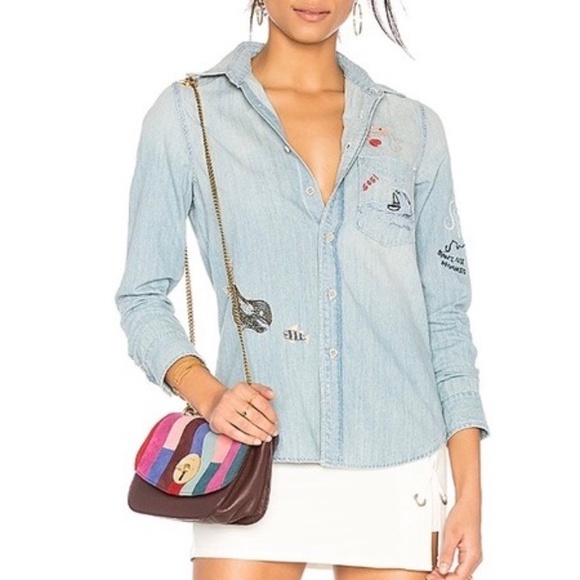 Mother Foxy Boxy Buried Treasure Button Up Shirt Size L Denim Embroidered Detail - Picture 1 of 16